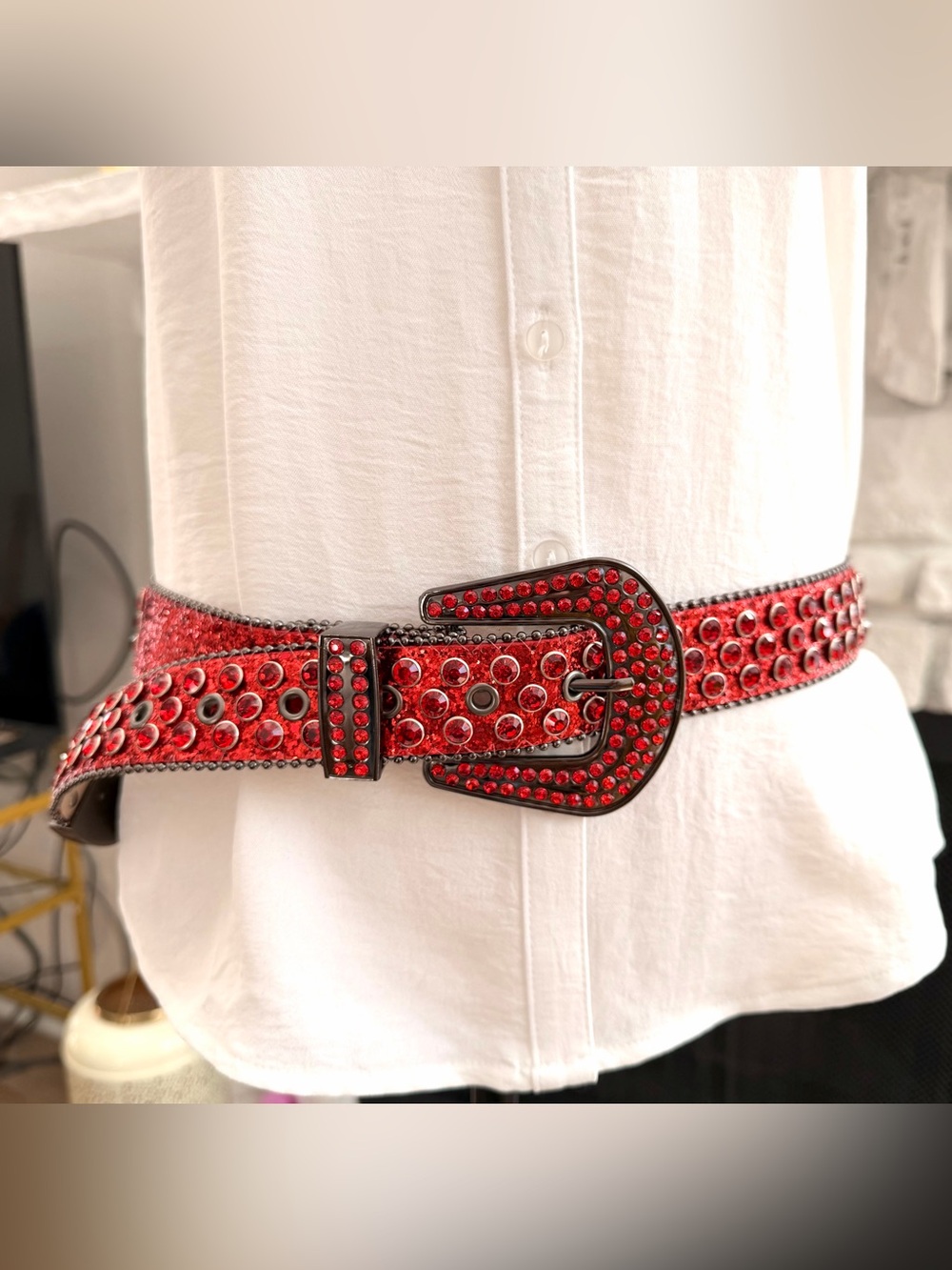 Red Glitter Rhinestone Western Belt Heavy Statement Buckle Cowgirl Glam